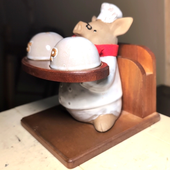 Vintage Kato Kogei Chef Pig Salt & Pepper Shakers Card Holder Hand Painted Japan - Picture 3 of 12